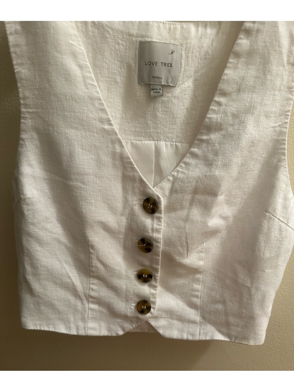 Love Tree White Linen-Blend Sleeveless Button Vest